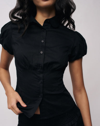 topwear,tops,casual, semi-formal,minimal, summer, timeless,woven,cotton,black,solid,ruched,button,slim fit,waist length,curved hem,collared,puff sleeves,OY1905	,25060005GG