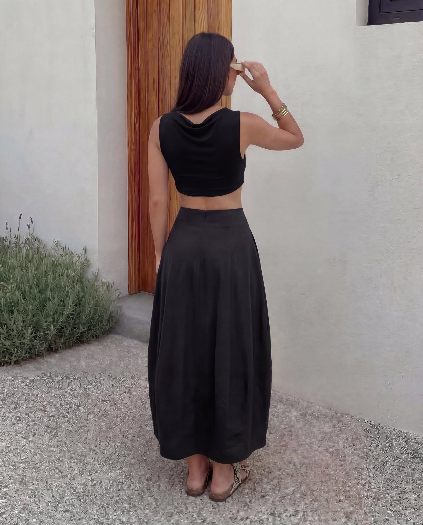 Black Crop Top and Cotton Skirt Summer Set