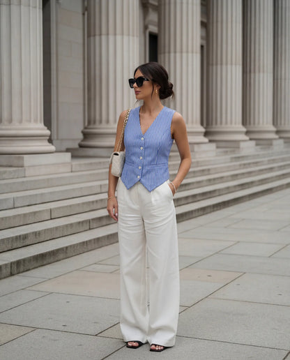 Pinstripes Blue Cotton Waistcoat and White Pleated Pants With Belt