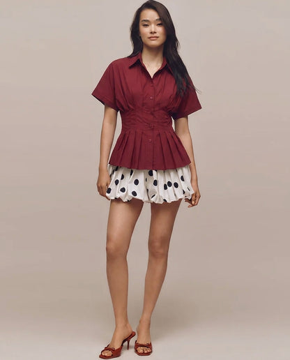 Pleated Cinched Waist Cotton Shirt - Burgundy