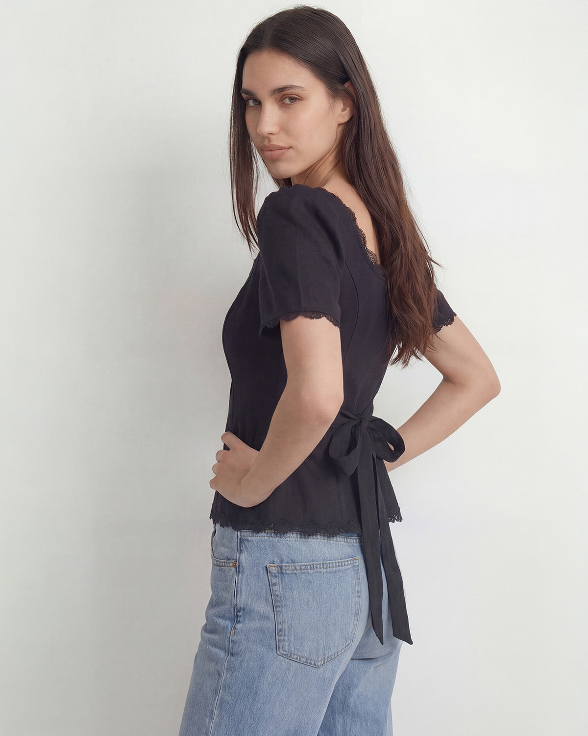 topwear,tops,casual, vacation, outdoor events,minimal, summer,woven,cotton,black,solid,lace,slim fit,fitted,waist length,scalloped hem,square neck,puff sleeves,short sleeves,OY1908, 25060008GG