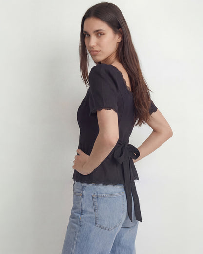 topwear,tops,casual, vacation, outdoor events,minimal, summer,woven,cotton,black,solid,lace,slim fit,fitted,waist length,scalloped hem,square neck,puff sleeves,short sleeves,OY1908, 25060008GG