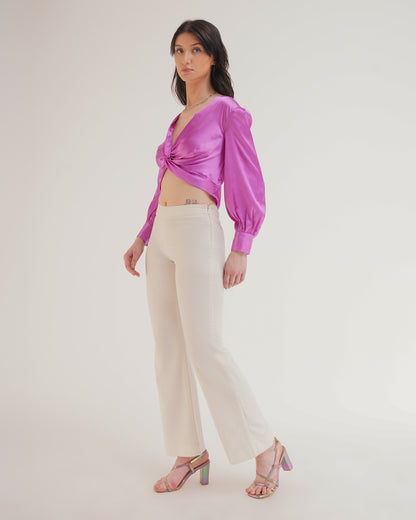PLUNGE NECKLINE TOP,bishop sleeves, blouse, casual, crop, glam, long sleeves, plunge neckline, purple, relaxed fit, satin, solid, summer, tie knot, tops, topwear, vacation, woven,regular-fit-front-knot-purple-top,Neck - Plunging necklineSleeve - Bishop sleevesFit - Regular fitPrint/Pattern - SolidColor - PurpleMaterial - SatinDetail - Front knotted