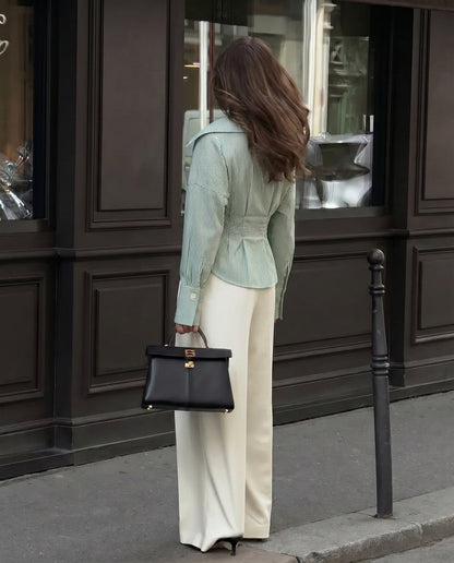 Green Stripe Shirt With Cinched Waist