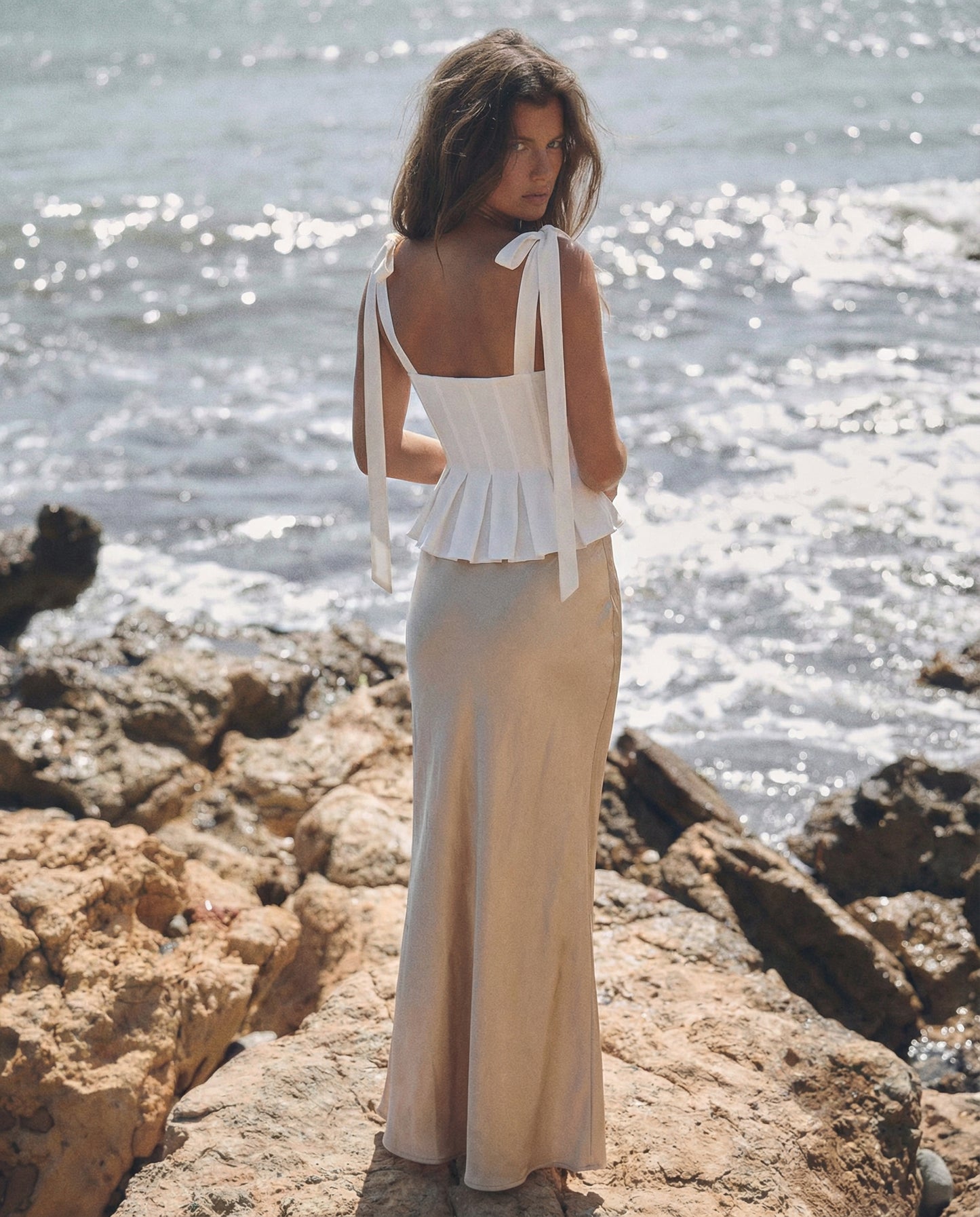 elegant fashion, golden skirt, maxi skirt, white top, summer top, vacation wear