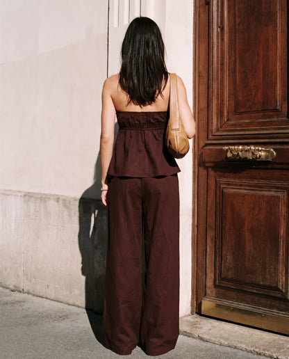 coord sets,bottomwear, topwear,casual chic, vacation, outdoor events, summer,urban fit, genz,woven,cotton,gathers,dark brown,solid,gathers,,,fit and flare fit,bandeau,waist length top,flared hem,off shoulder,no straps ,no sleeves,sleeveless,slip on,pants,wide leg pants,full length,straight hem,mid rise waist,side pockets, OY3058, 25070027GG