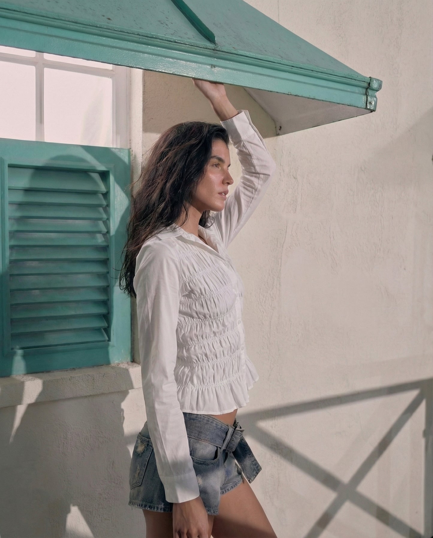 topwear,tops, shirts,casual chic,creative workwear, gen z, soft girl, summer,woven,poplin,white,solid,smocked,button,slim fit,shirt,waist length,flared hem,shirt collar,no straps,cuff sleeves,long sleeves, OY2129, 25090034GG