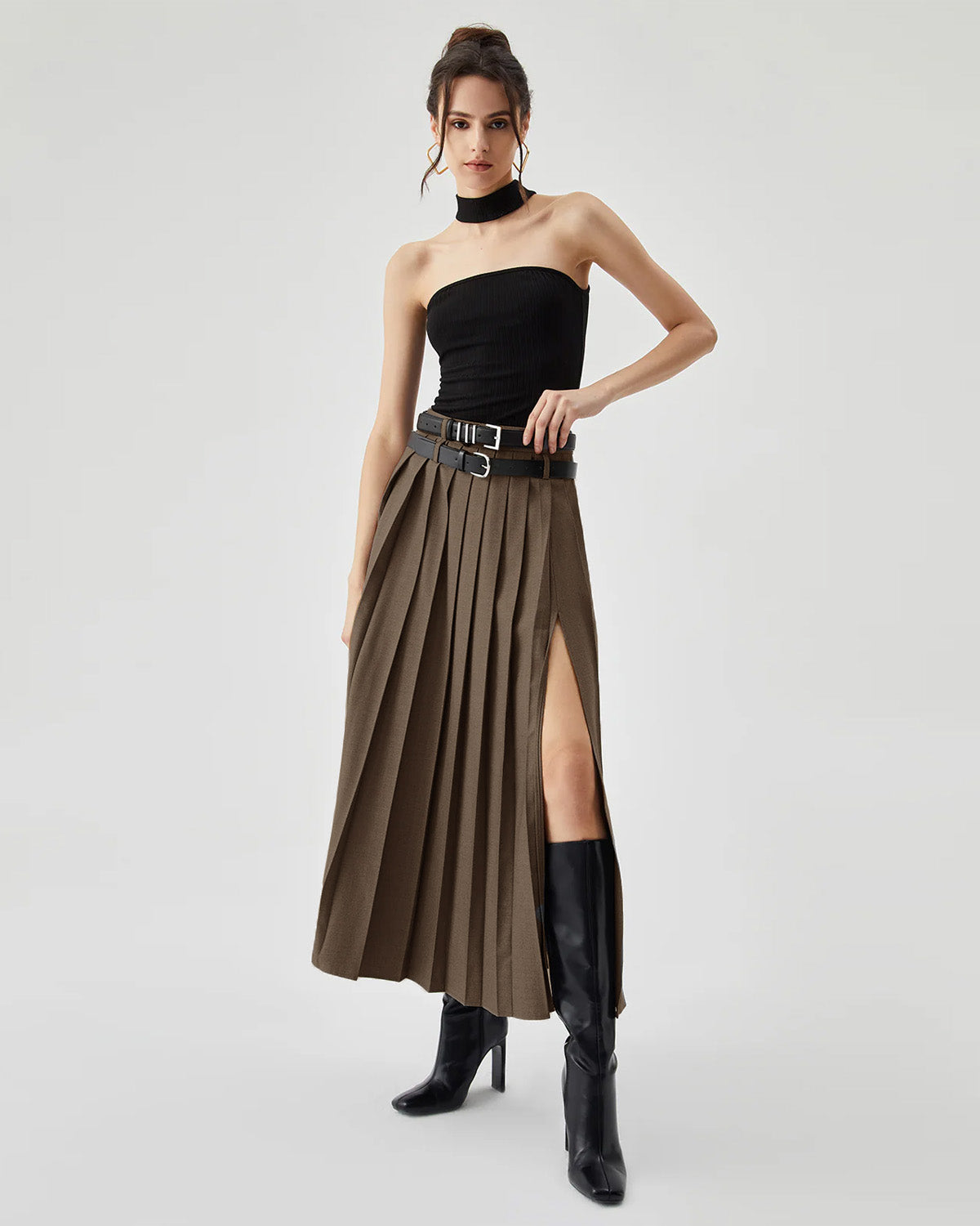 Set Of Two Pleated Split Skirts With Detachable Belts