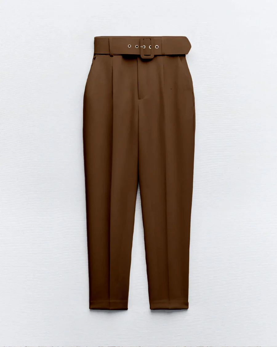 Belted Tapered Pants With Belt - Brown