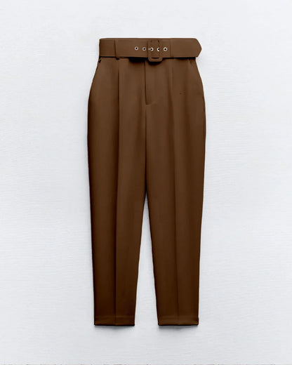 Belted Tapered Pants With Belt - Brown