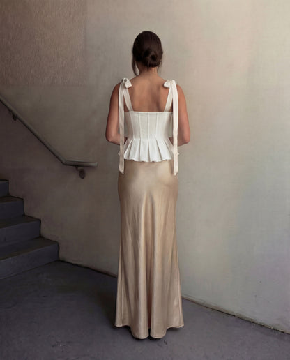 White Bowknot Straps Flared Top With Gold Satin Skirt