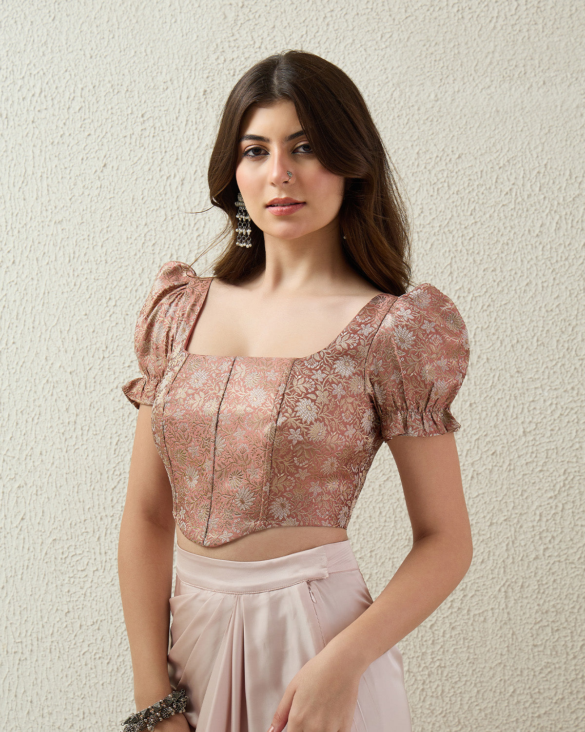 topwear,tops,ethnic, indo-western,ethnic wear, festive wear, indian wear, summer,woven,brocade,banarasi brocade,rose gold,floral pattern,textured,zipper,skinny fit,corset,crop,curved hem,square neck,no straps,puff sleeves,short sleeves, OY2090  rose gold, 25070042GG