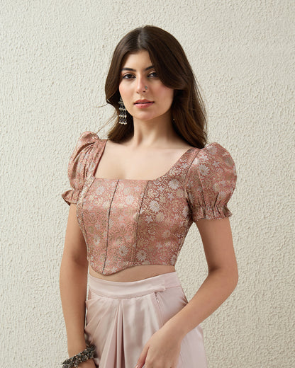 topwear,tops,ethnic, indo-western,ethnic wear, festive wear, indian wear, summer,woven,brocade,banarasi brocade,rose gold,floral pattern,textured,zipper,skinny fit,corset,crop,curved hem,square neck,no straps,puff sleeves,short sleeves, OY2090  rose gold, 25070042GG