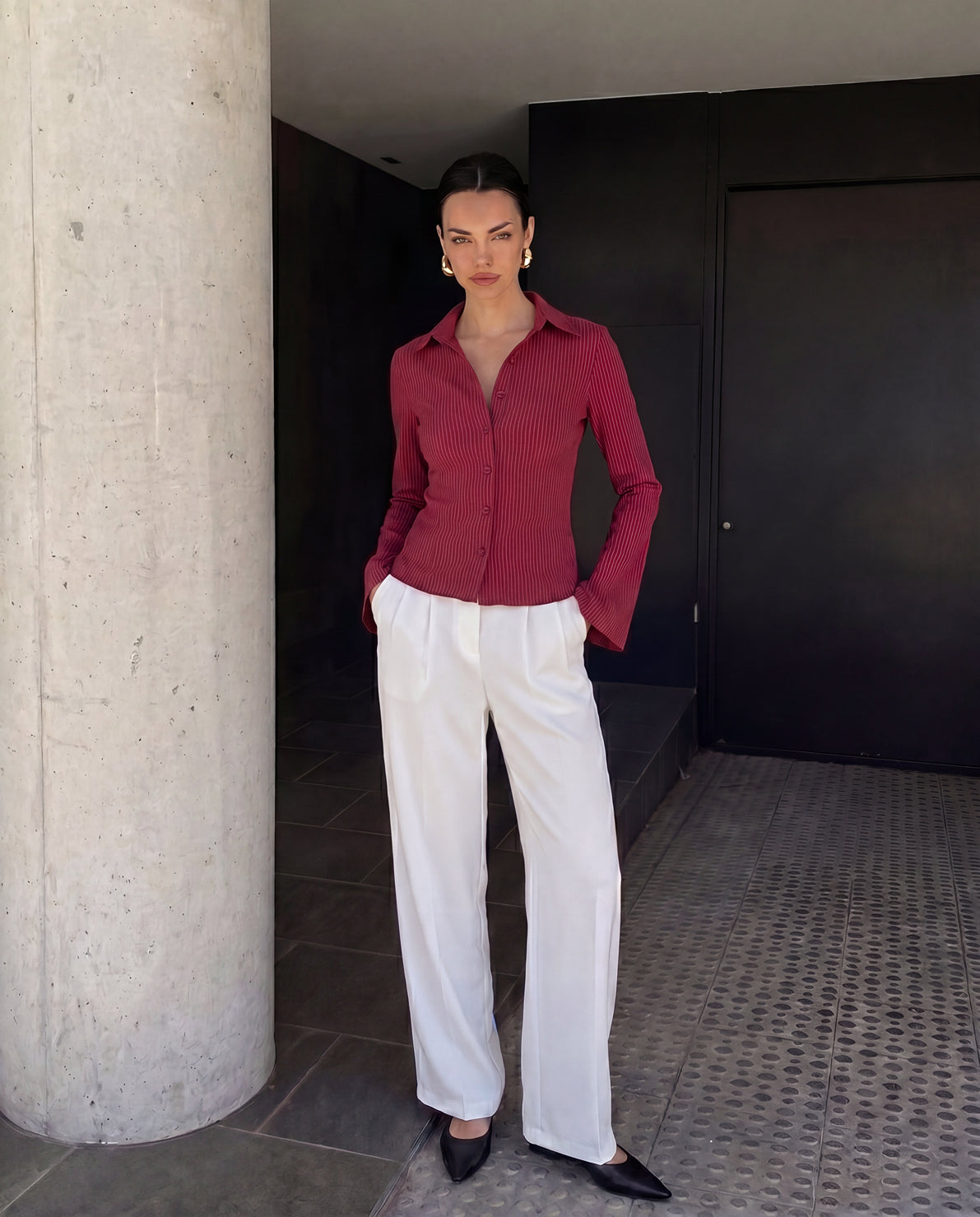 Flared Sleeve Fitted Shirt - Red