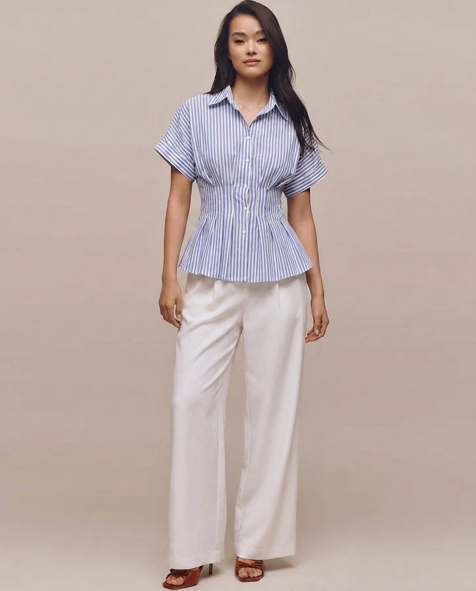 Blue Cinched Waist Striped Shirt