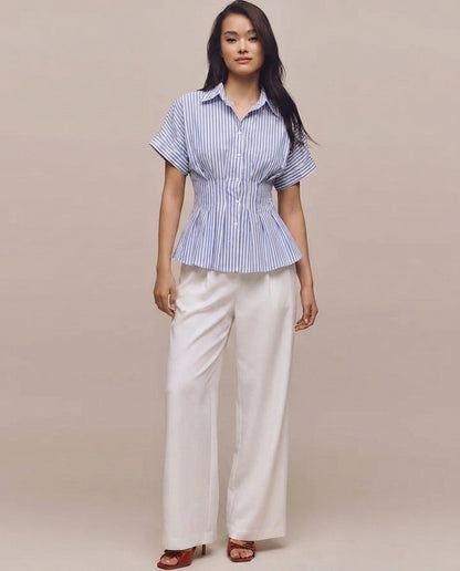 Blue Cinched Waist Striped Shirt