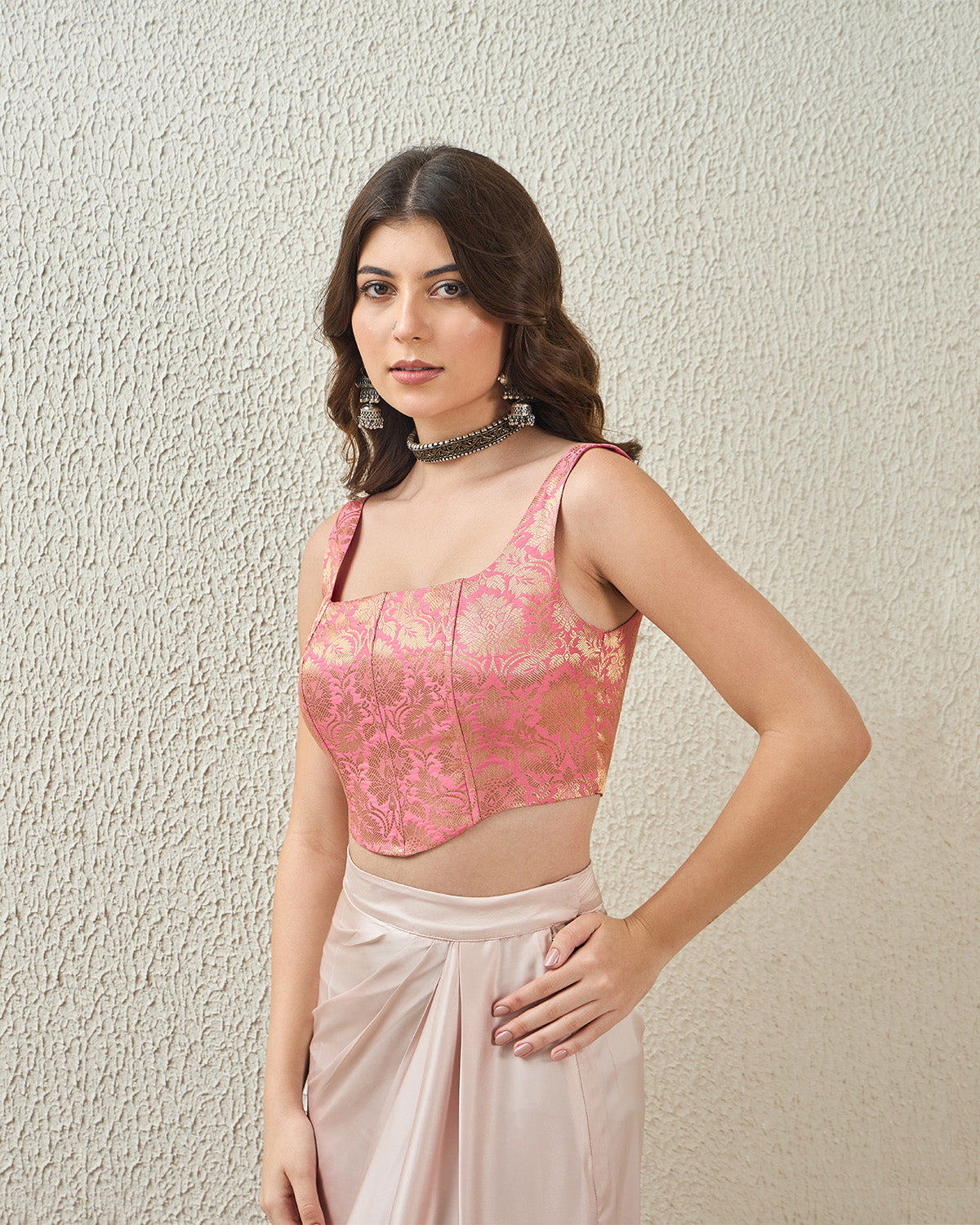 topwear,tops,ethnic, indo-western,ethnic wear, festive wear, indian wear, summer,woven,brocade,brocade,softpink,floral pattern,textured,zipper,skinny fit,corset,crop,curved hem,square neck,shoulder strap,no sleeves,sleeveless, 25070047GG, OY3005 softpink 