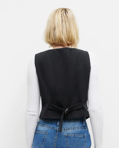 topwear,tops,formal, semi-formal,creative workwear, minimal, summer,woven,polycotton,black,pinstripes, stripes,pinstripes, slit,button,regular fit,vest,waist length,curved hem,v-neck,sleeveless,OY2004, 25060036GG
