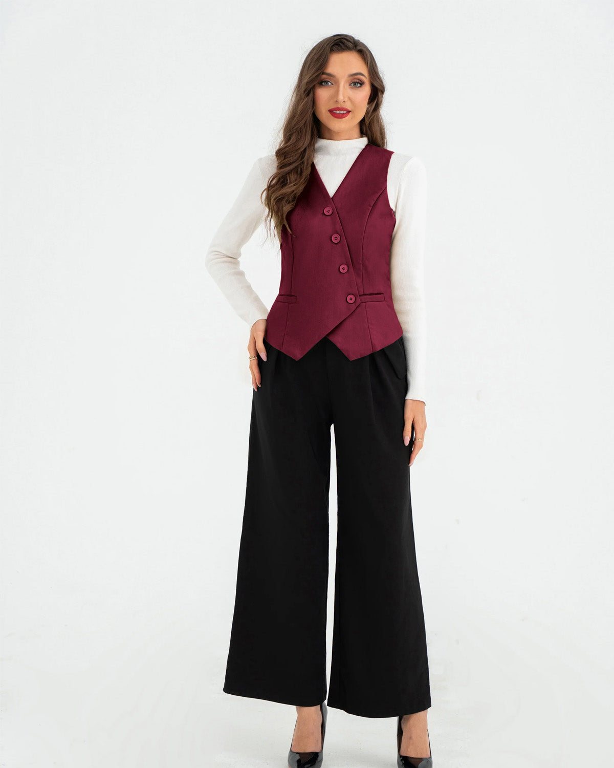 topwear,tops,formal, semi-formal,creative workwear, minimal, summer,stretchable,polyester, spandex,maroon,solid,oblique placket,regular fit,waist coat,regular length,slit hem,v-neck,sleeveless	25010060GG,OY1703