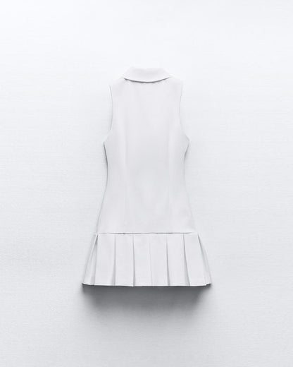 tailored-a-line-dress,TAILORED A-LINE DRESS,dresses,dresses,outdoor event,streetwear,woven,poplin,white,solid,pleated,regular fit,a line,mini,collared,sleeveless,