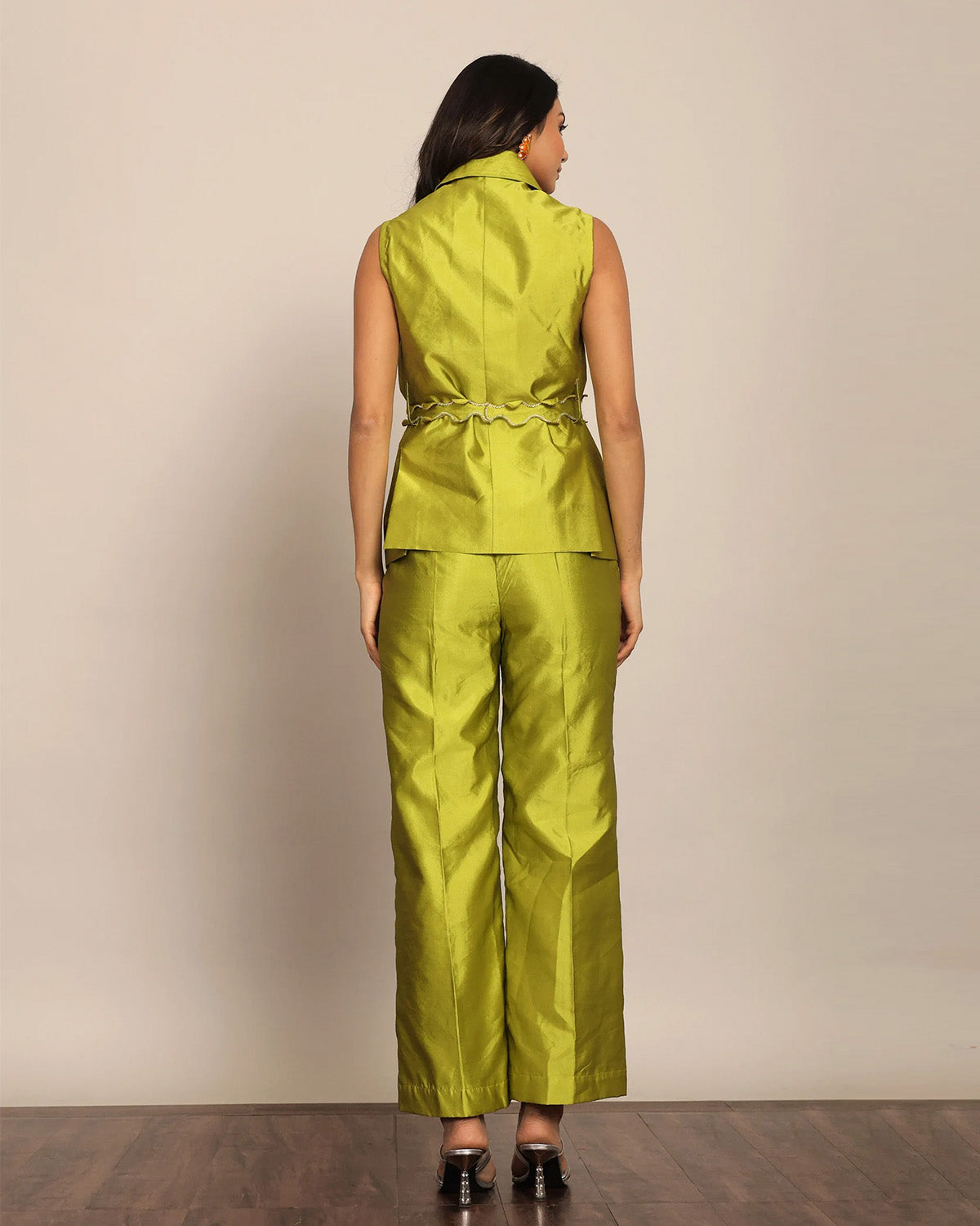 coord sets,bottomwear, topwear,ethnic, party, outdoor events,festive, glam, indo western, summer,woven,taffeta,overlock sitiching,lime green,solid,scalloped,button,relaxed fit top,waist coat,longline top,straight hem,lapel collar,no straps,no sleeves,sleeveless,button up,pants,straight pants,full length,straight hem,mid rise waist,2 pocket,oy3024,25070057GG