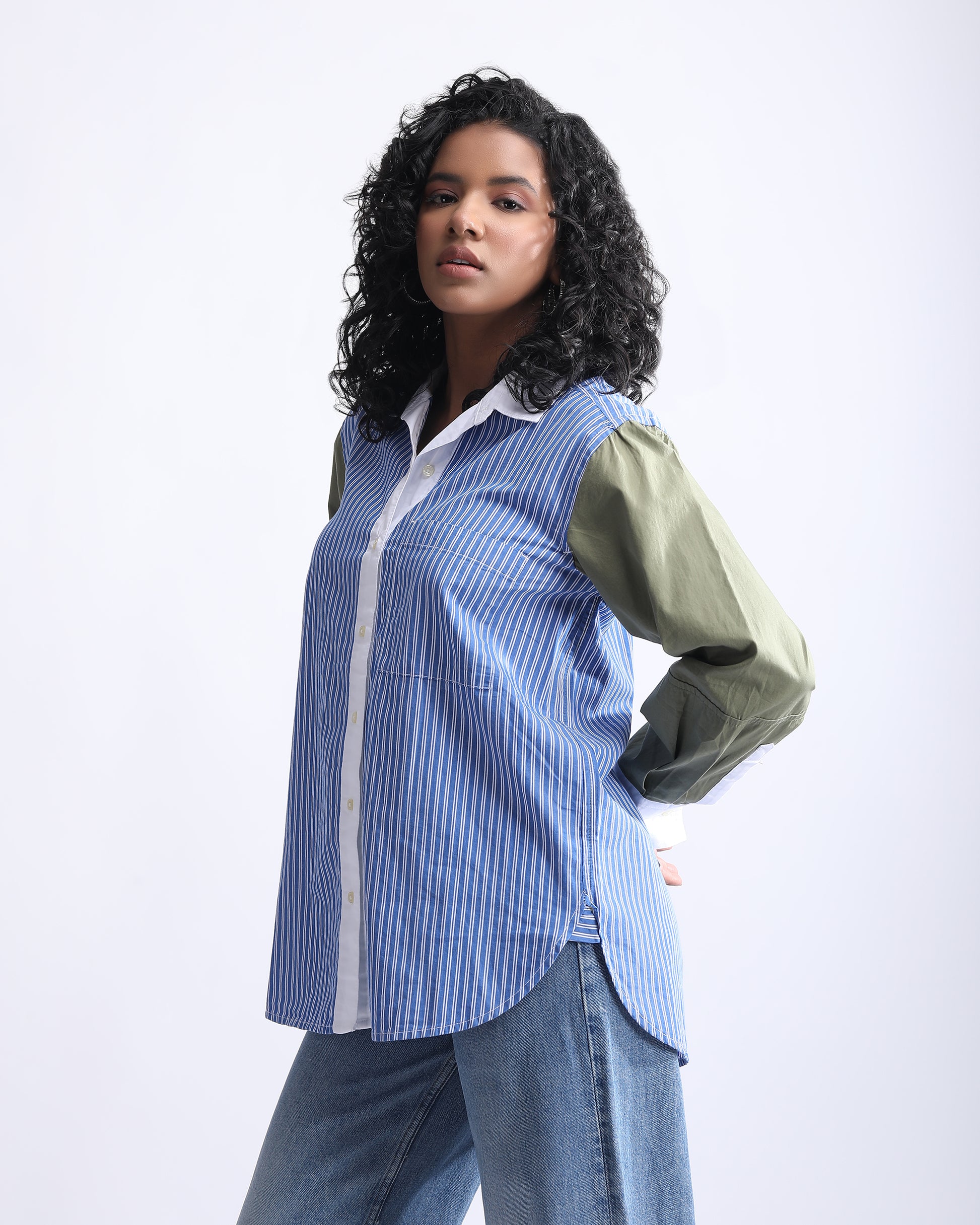 STRIPED BOYFRIEND SHIRT,boyfriend shirts, button, casual, collared, cotton, curved, long sleeves, longline, olive green, printed, relaxed fit, shirts, stripes, topwear, woven,boxy-fit-stripes-color-block-shirt-phase3,Neck - Shirt collar Sleeve - Full sleevesFit - Boxy fitPrint/Pattern - Stripes Color - Green and blue Material - Cotton Detail - Curved Hem