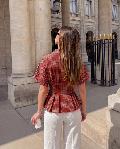 Pleated Cinched Waist Check Shirt in Red