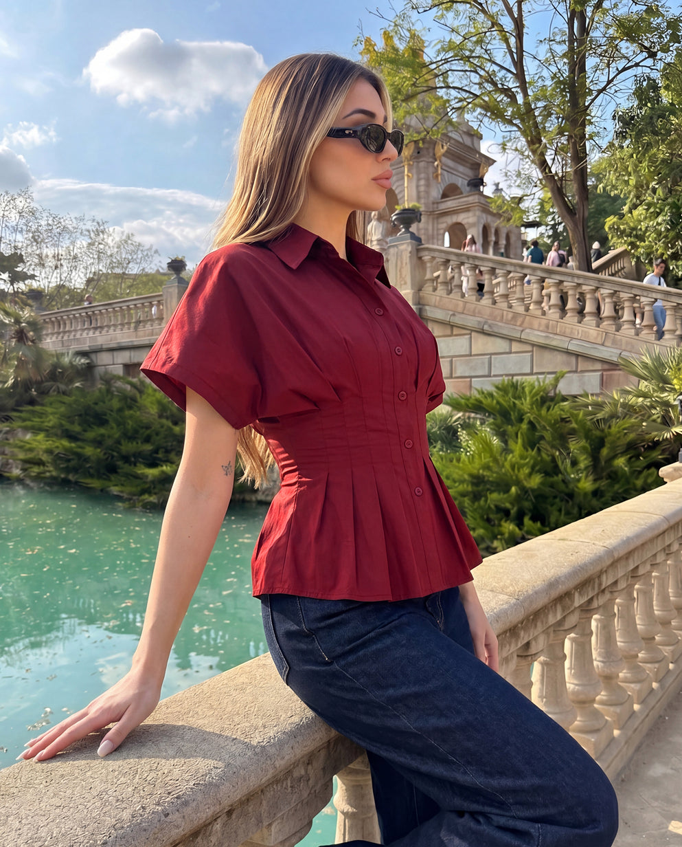 Pleated Cinched Waist Cotton Shirt - Burgundy