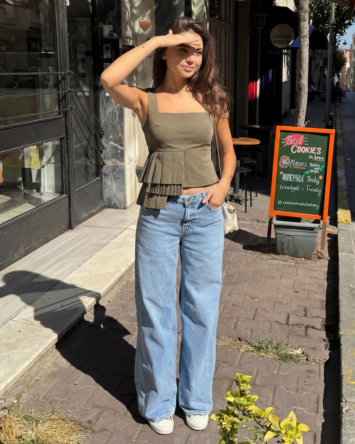 topwear,tops,casual, outdoor events,summer, streetwear,woven,cotton twill,,moss green,solid,pleated,zipper,tailored fit,fitted,waist length,asymmetric hem,square neck,shoulder strap,sleeveless,25040024GG, OY 1202