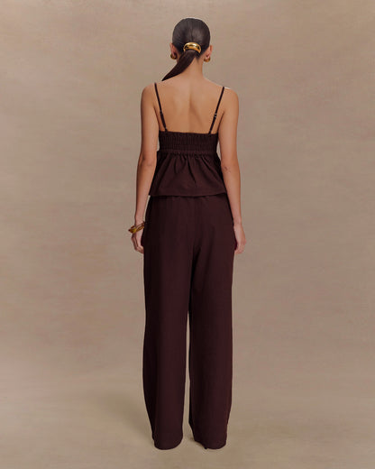 coord sets,bottomwear, topwear,casual chic, outddoors, vacation, lunch date, summer,urban fit, genz, minimal,woven,cotton,,,dark brown,solid,gathers,beads,regular fit top,cami neck top,waist length top,flared hem,sweetheart neck,adjustable straps,no sleeves,sleeveless,slip on top,pants,wide leg pants,full length,straight hem,mid rise waist,side pockets, OY3053, 25070024GG