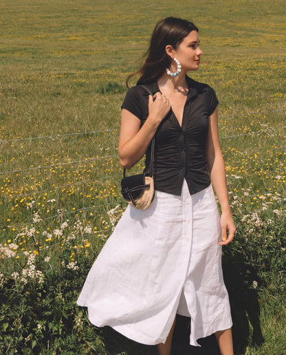 topwear,tops,casual,gen z, summer, streetwear,woven,ribbed,black,solid,ruched,button,slim fit,fitted,waist length,slit hem,collared,no straps,set in sleeves,short sleeves, OY2132, 25090035GG