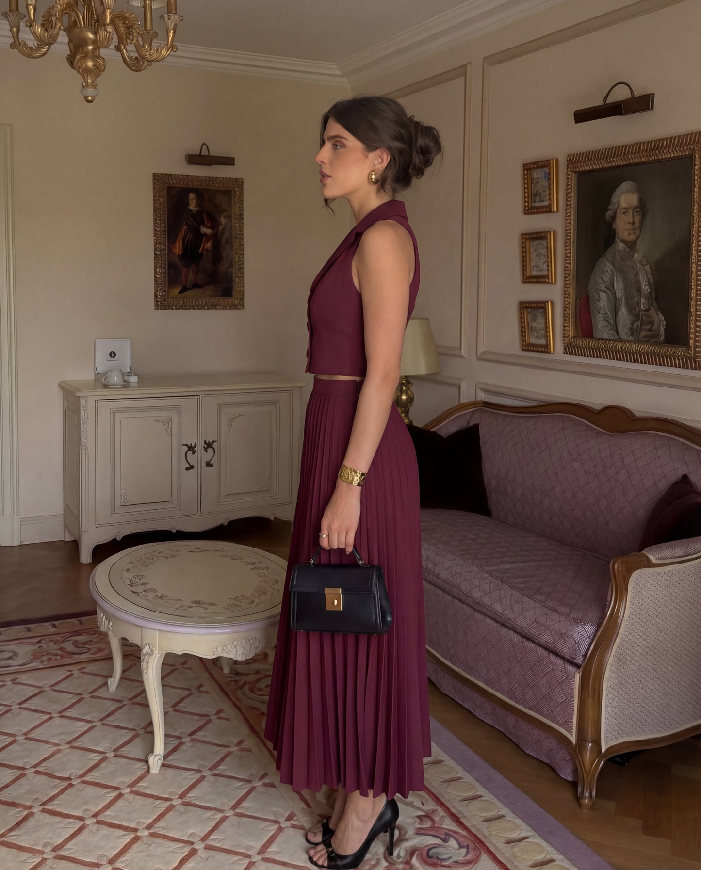Maroon Pleated Skirt and Top Co-Ord Set