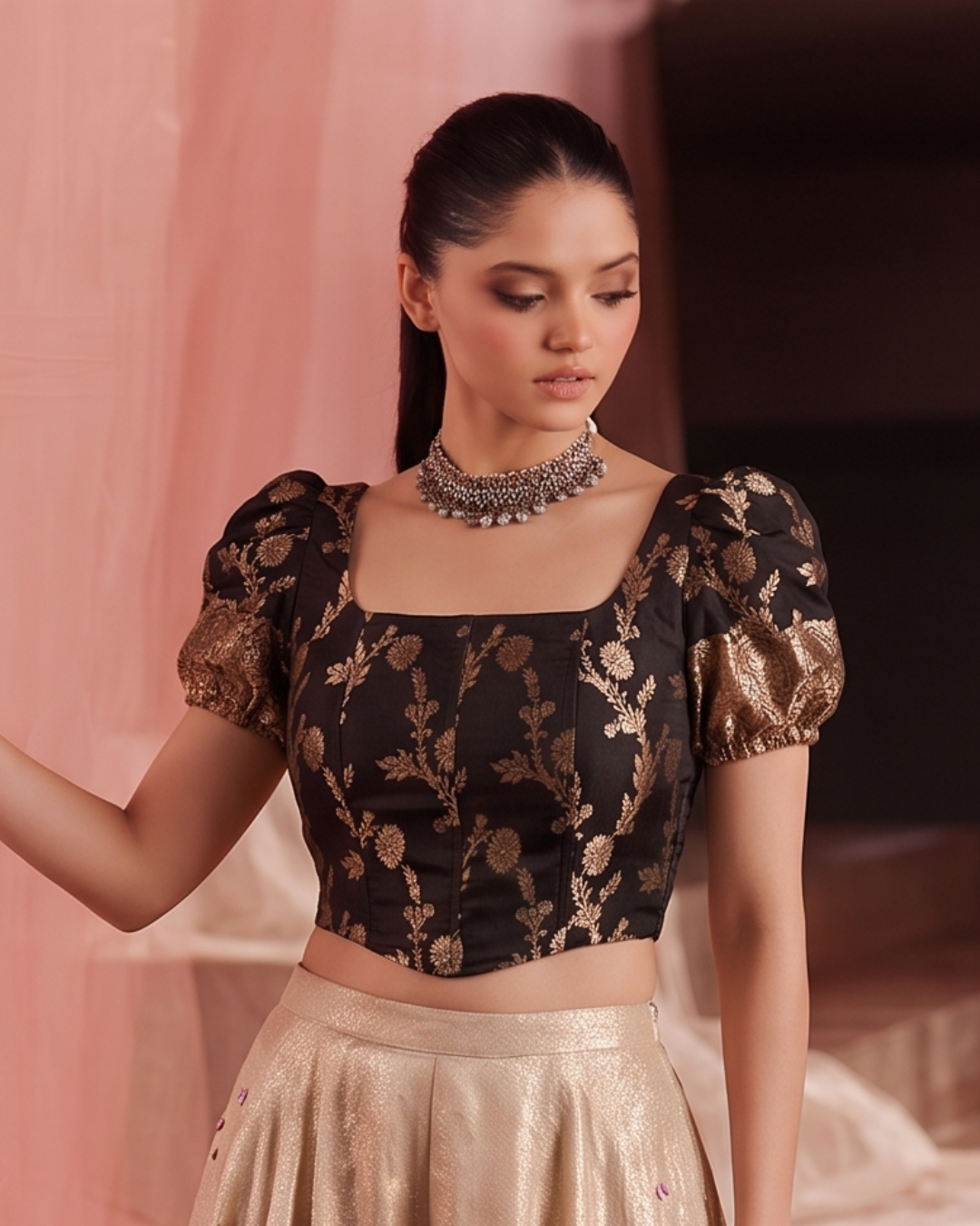 Paro Puff Sleeve Black Corset Top