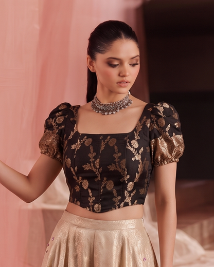 Paro Puff Sleeve Black Corset Top