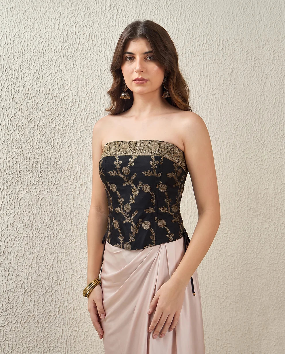 Set of 2 Black and Fuschia Pink Banarasi Brocade Corset Tops
