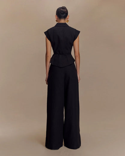 coord sets,bottomwear, topwear,formal, semi-formal, summer,urban fit, genz, minimal,woven,cotton,,,black,solid,panelling,tie up string,regular fit top,waist coat,waist length,straight hem,lapel collar,no straps,no sleeves,no sleeves,tie up top,pants,wide leg pants,full length,straight hem,mid rise waist,pockets	25070025GG, Oy3054