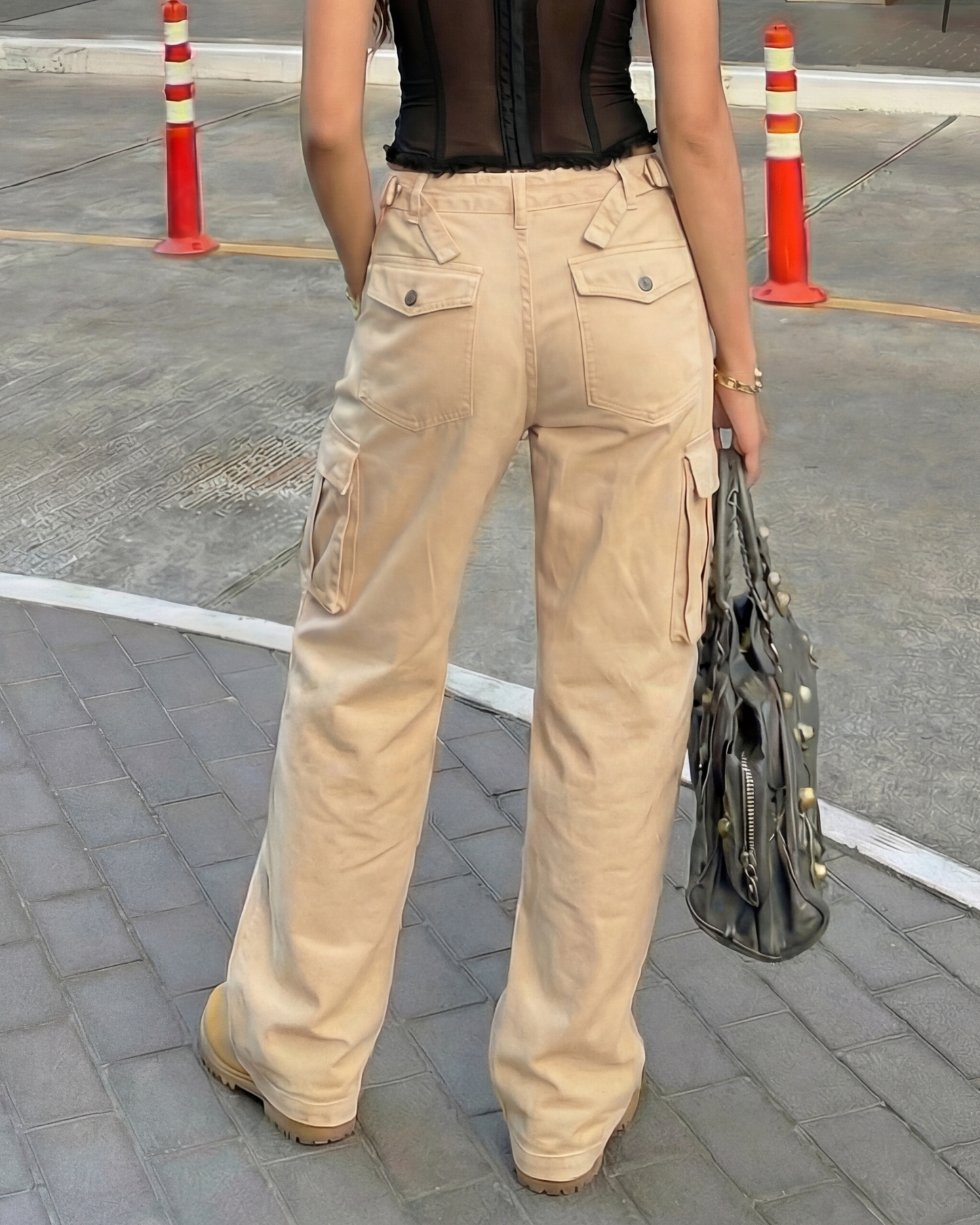 Beige Wide Leg Adjustable Cargo