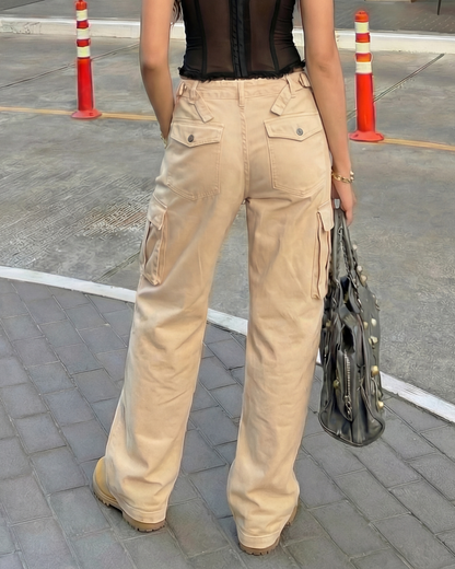 Beige Wide Leg Adjustable Cargo