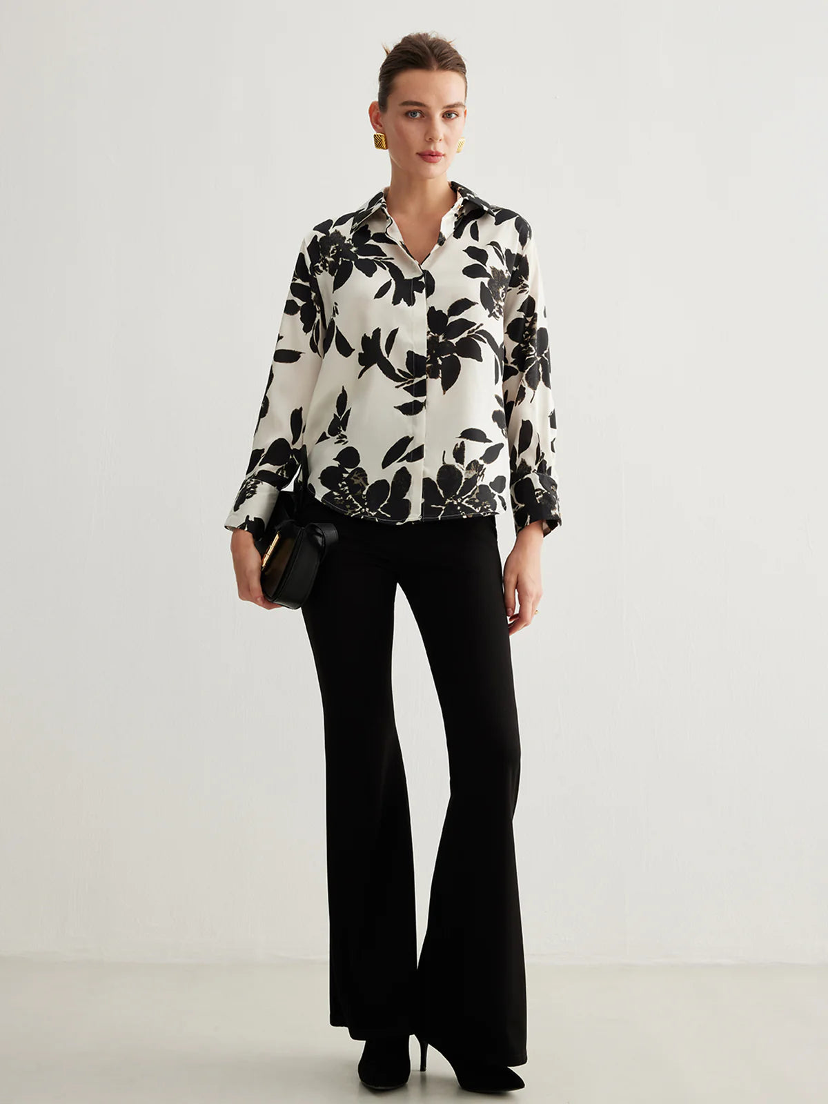 Ivory & Black Leaf's Print Satin Shirt