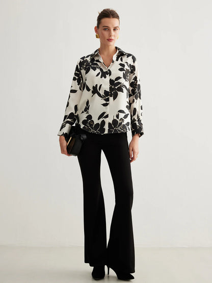 Ivory & Black Leaf's Print Satin Shirt
