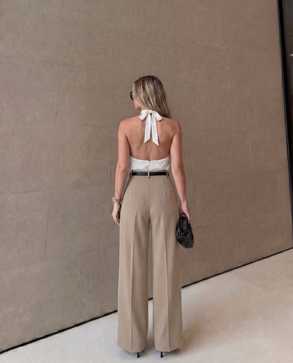 Pleated Pants With Belt -Beige