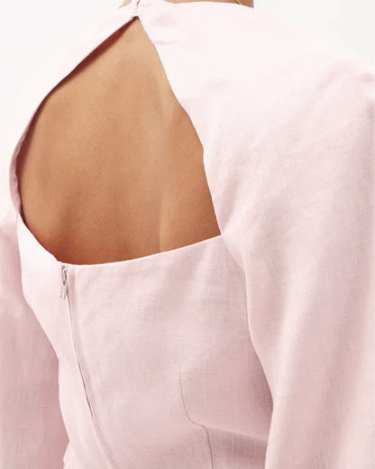 coord sets,skirt, topwear,vacation, outdoor events,minimal, sophisticated, summer, urban fit,woven,cotton slub,soft pink,solid,cutout, pleated,regular fit top,fitted top,crop top,straight hem,square neck,,balloon sleeves,long sleeves,zipper back,skirts,a-line skirt,midi,,mid rise waist,25040018GG, OY1404