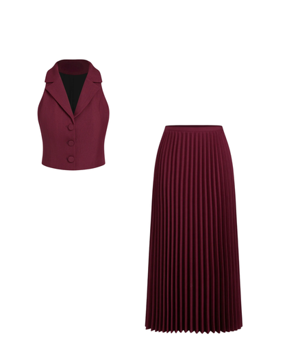 Maroon Pleated Skirt and Top Co-Ord Set