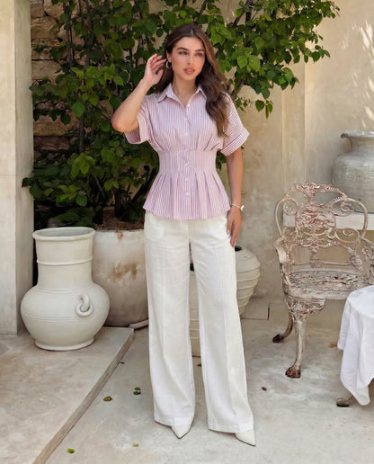 Pleated Cinched Waist Striped Top in Dusty Pink