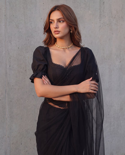 Paro Puff Sleeve Black Corset Top