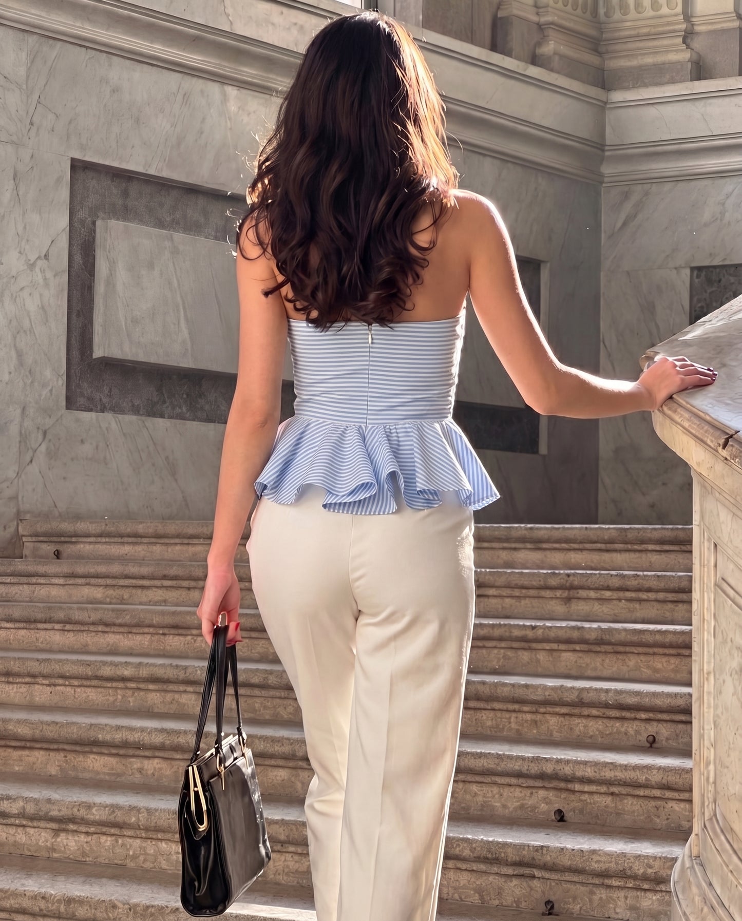 topwear,tops,casual, casual chic,gen z, glam, summer,woven,polycotton,printed,blue,stripes,color block,zipper,slim fit,bandeau,waist length,flared hem,off shoulder,no straps,no sleeves,sleeveless, OY2143, 25090042GG