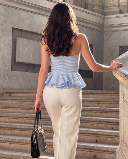 topwear,tops,casual, casual chic,gen z, glam, summer,woven,polycotton,printed,blue,stripes,color block,zipper,slim fit,bandeau,waist length,flared hem,off shoulder,no straps,no sleeves,sleeveless, OY2143, 25090042GG