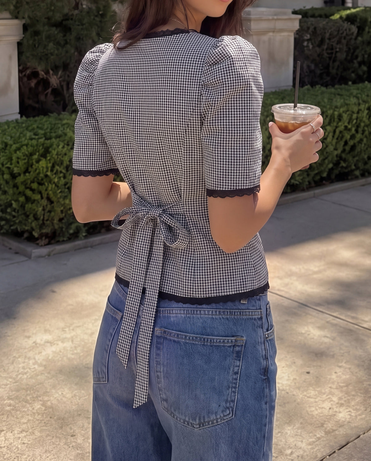 Black Gingham Lace-Trim Top