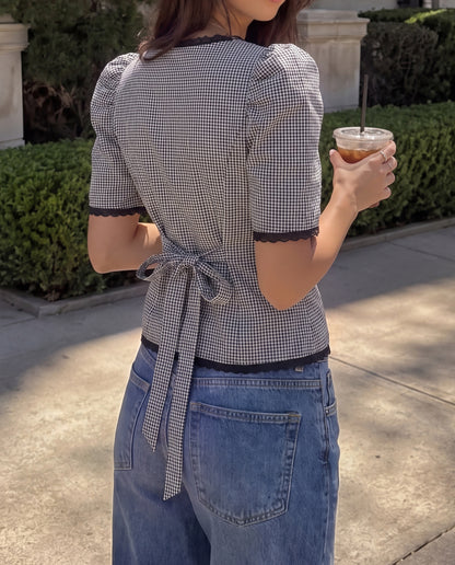 Black Gingham Lace-Trim Top