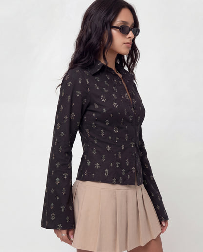 Botanical Print Fitted Shirt - Black